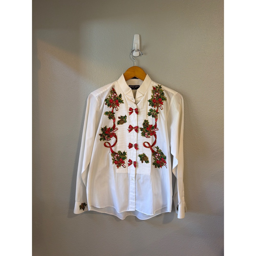 Monte Carlo Holiday Blouse Women 14 White‎ Candy Cane Holly Embroidered Vintage